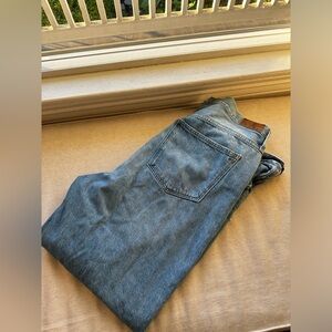 Abercrombie & Fitch Ultra High Rise Ankle Straight Jean raw hem.
